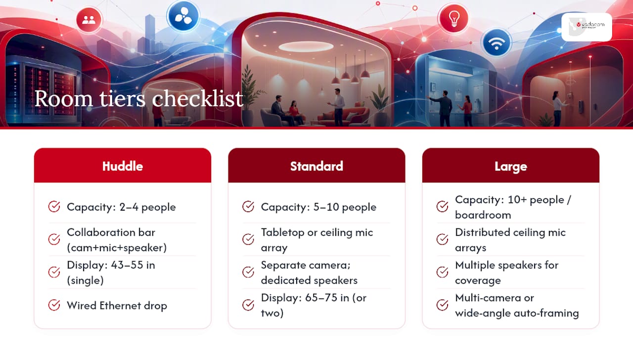 Three hybrid meeting room setup tiers